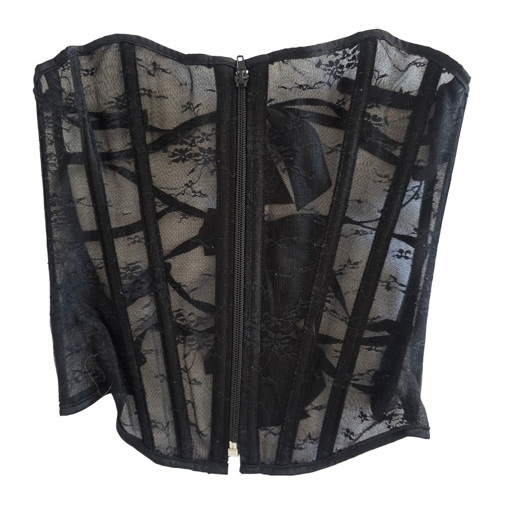 Adore Me Black Lace Corset Bustier Underwire Zipper Front Boned
